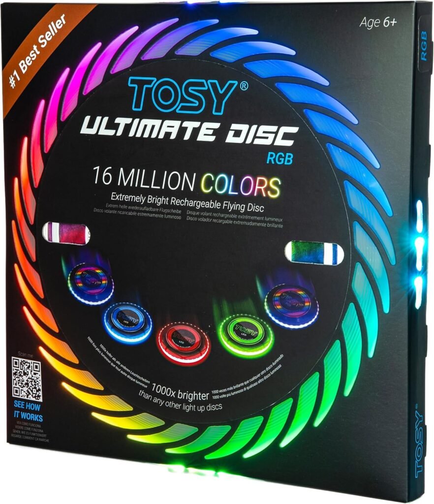 TOSY Flying Disc - 16 Million Color RGB or 36 LEDs, Extremely Bright, Smart Modes, Auto Light Up, Rechargeable, Cool Fun Christmas, Birthday  Camping Gift for Men/Boys/Teens/Kids, 175g Frisbee