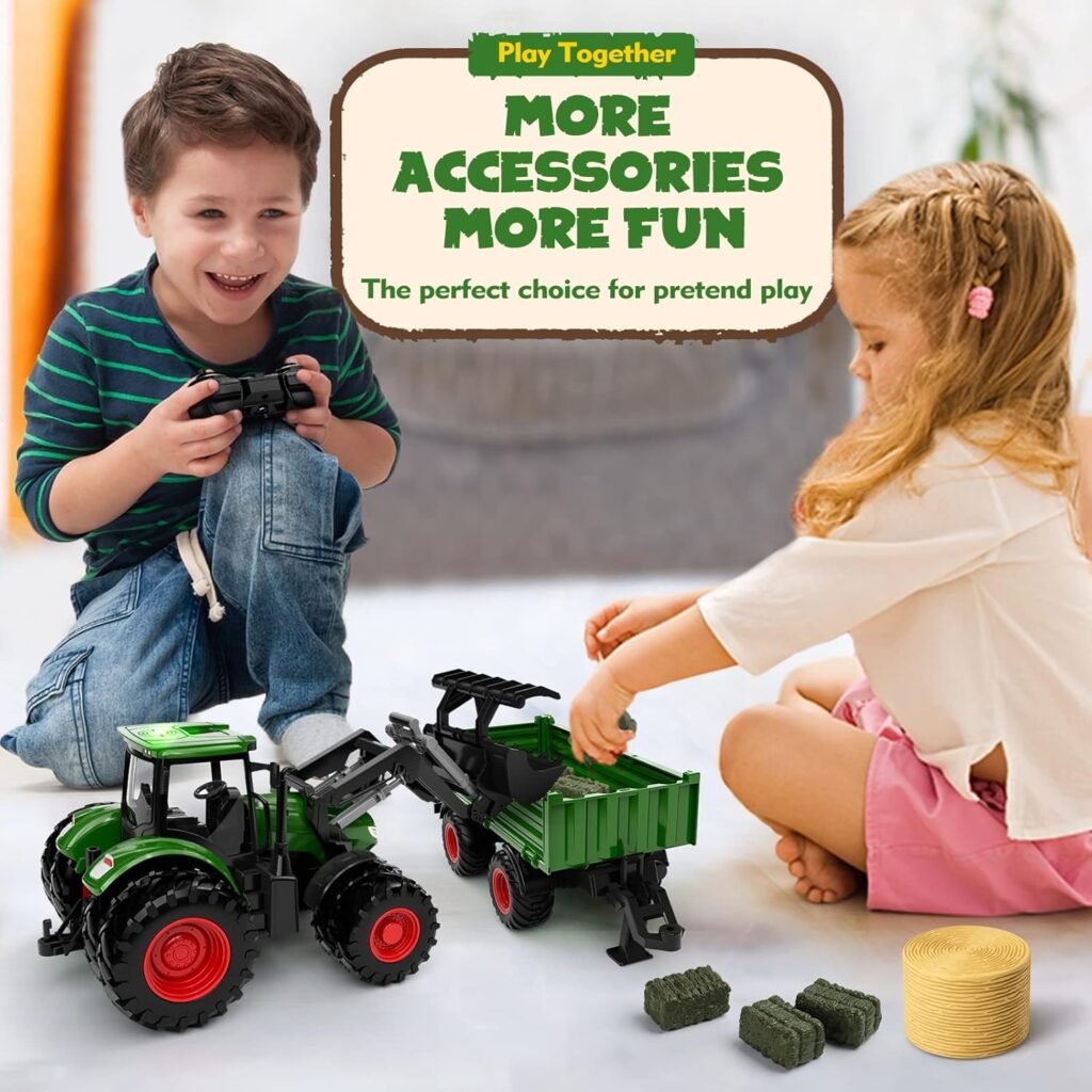 Remote Control Tractor Toy, Kids RC Tractor Set  Truck and Trailer Front Loader - Metal Car Head/8 Wheel/Light, Toddlers Farm Vehicle Toys for 3 4 5 6 7 8 9 Year Old Boys Girls Birthday Gift