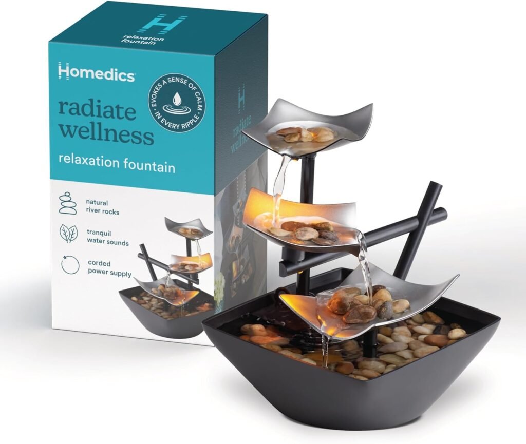 Homedics Tabletop Water Fountain, Home Décor Soothing Sound Machine - Automatic Pump, Deep Basin  Natural River Rocks. Indoor Zen Relaxation for Office, Living Room, or Bedroom, 8.25” Tall