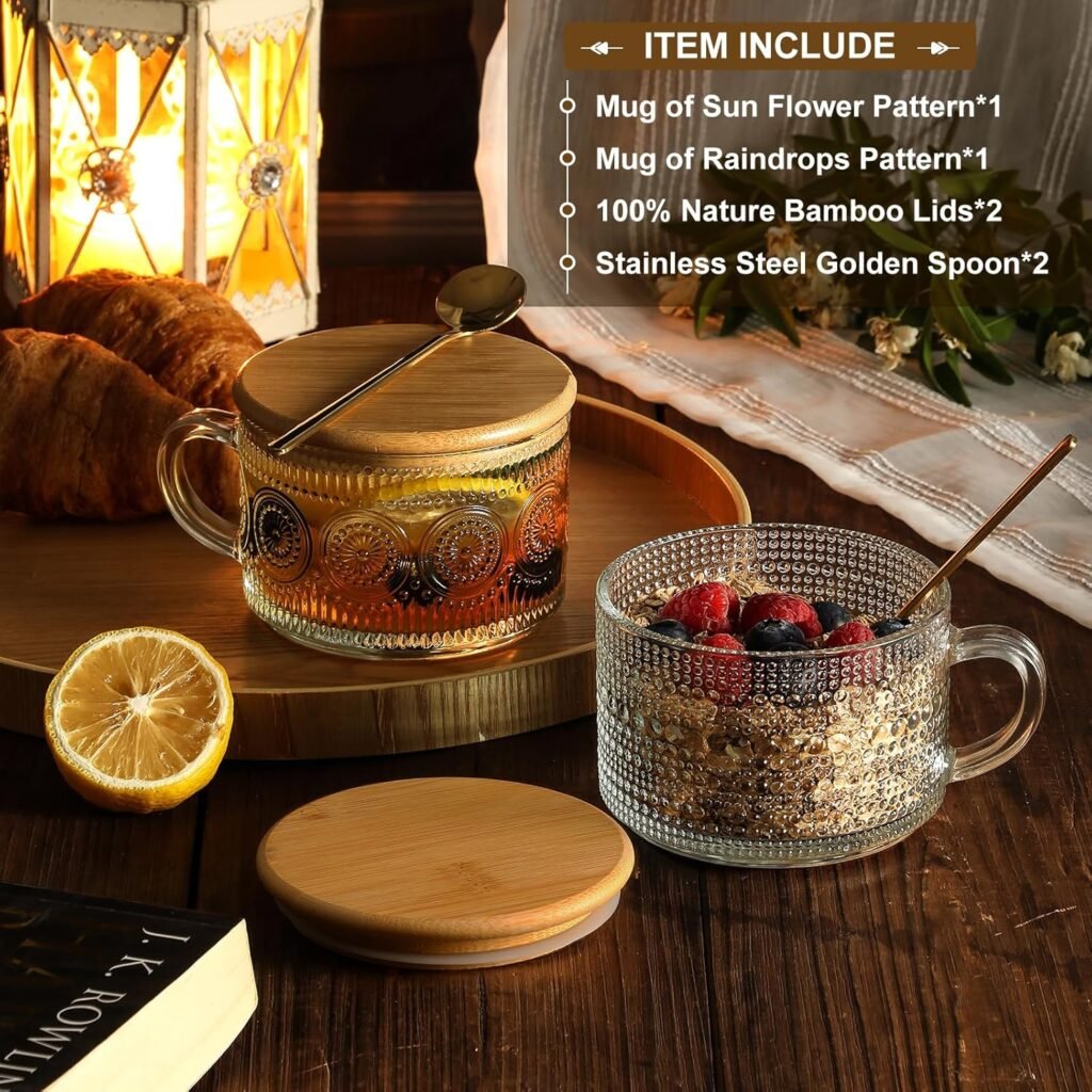 LANDNEOO 4pcs Set Vintage Coffee Mugs gifts for women, Overnight Oats Containers with Bamboo Lids and Spoons - 14oz Clear Embossed Glass Cups, Cute Coffee Bar Accessories, Iced Coffee Glasses