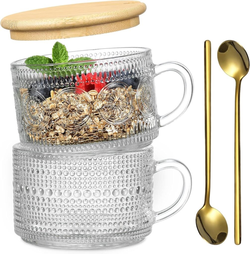 LANDNEOO 4pcs Set Vintage Coffee Mugs gifts for women, Overnight Oats Containers with Bamboo Lids and Spoons - 14oz Clear Embossed Glass Cups, Cute Coffee Bar Accessories, Iced Coffee Glasses
