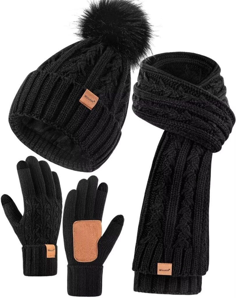 Womens Beanie Hat Scarf Gloves Set, Fleece Lined Winter Hat with Pom Pom, Long Knit Scarf Touchscreen Gloves for Cold Weather