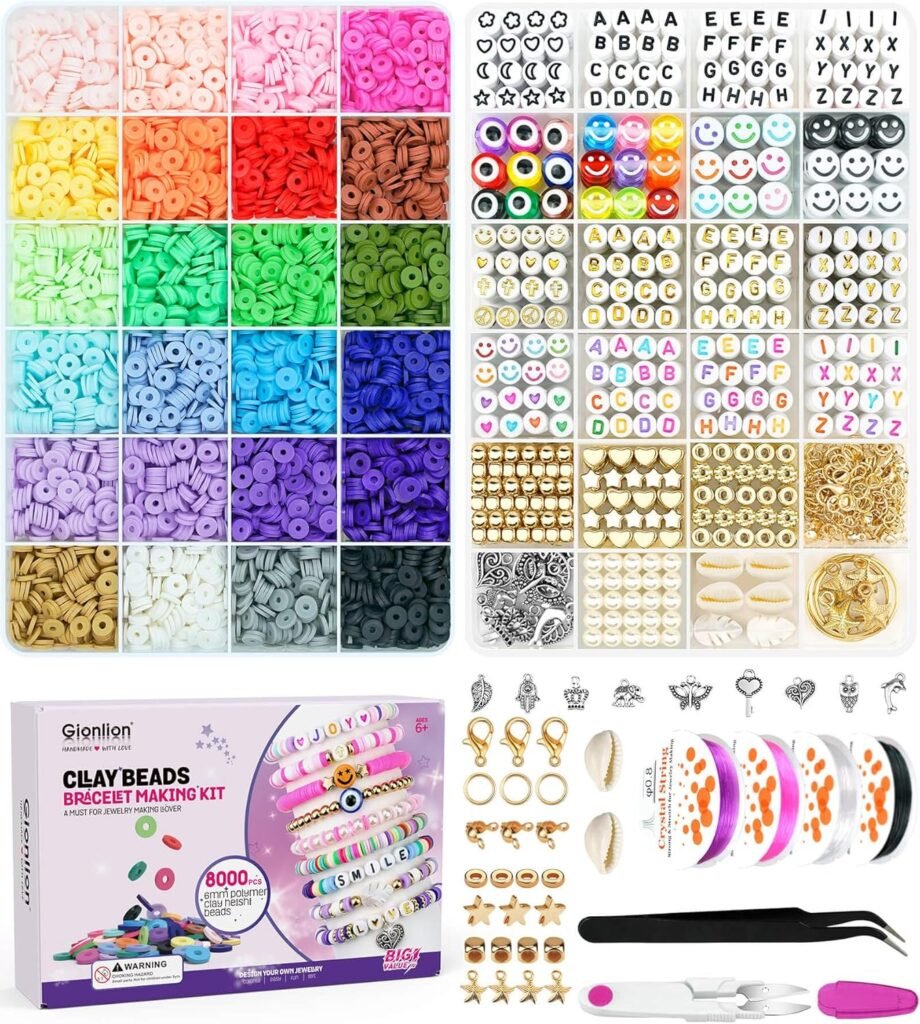 Gionlion 6000 Clay Beads Bracelet Making Kit, 24 Colors Flat Preppy Beads for Friendship Bracelets, Polymer Clay Beads with Charms for Jewelry Making, Crafts Gifts for Girls Ages 6-12