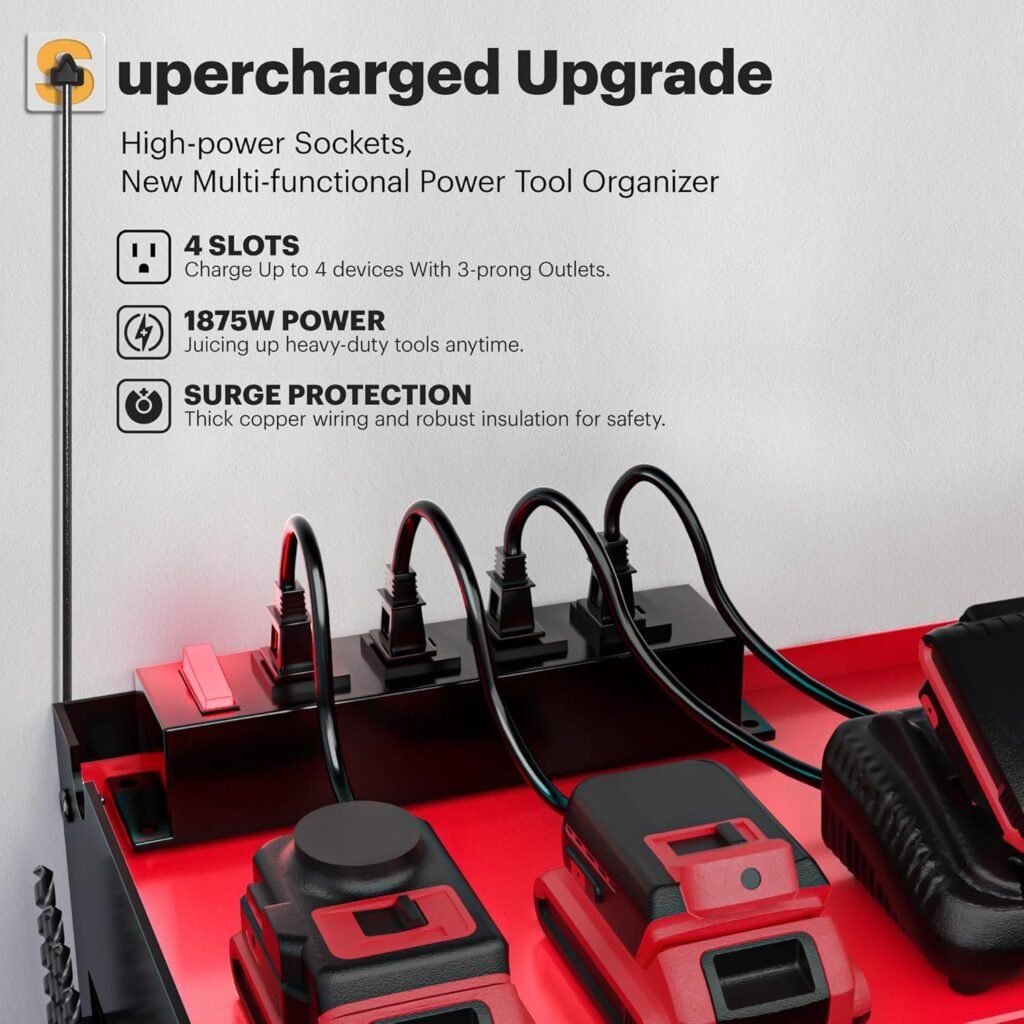 Power Tool Organizer with Charging Station, 6 Drill Holders Wall Mount, Heavy Duty Metal Premium Garage Tool Shelf, Gift for Man Cordless Tool Storage Rack with 4 Outlet Power Strip - Red
