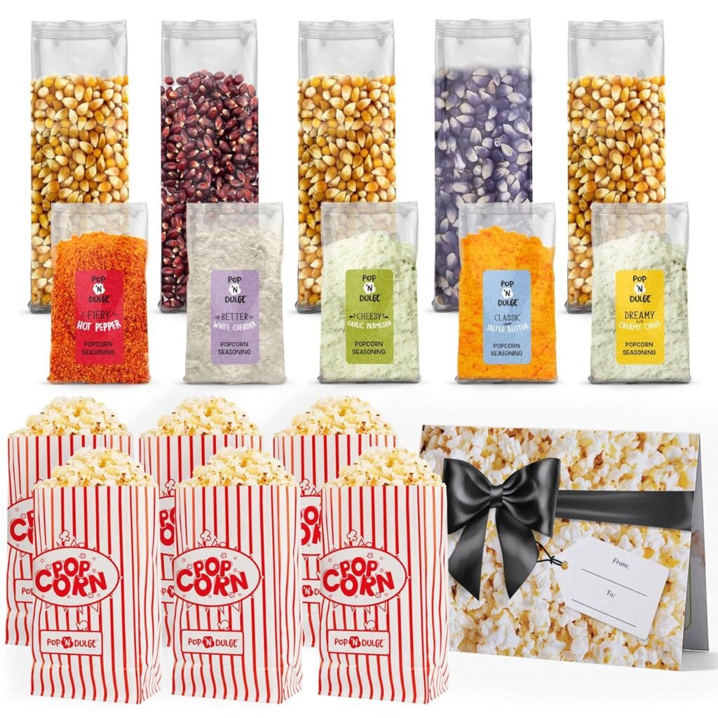 Pop n Dulge Popcorn Movie Night Supplies 16 pcs Gift Set, 5 Gourmet Popcorn Kernels, 5 Seasoning Variety Packs Non-GMO Kosher Snacks, Great Housewarming Family Date Night Gifts Basket Ideas For Him Her