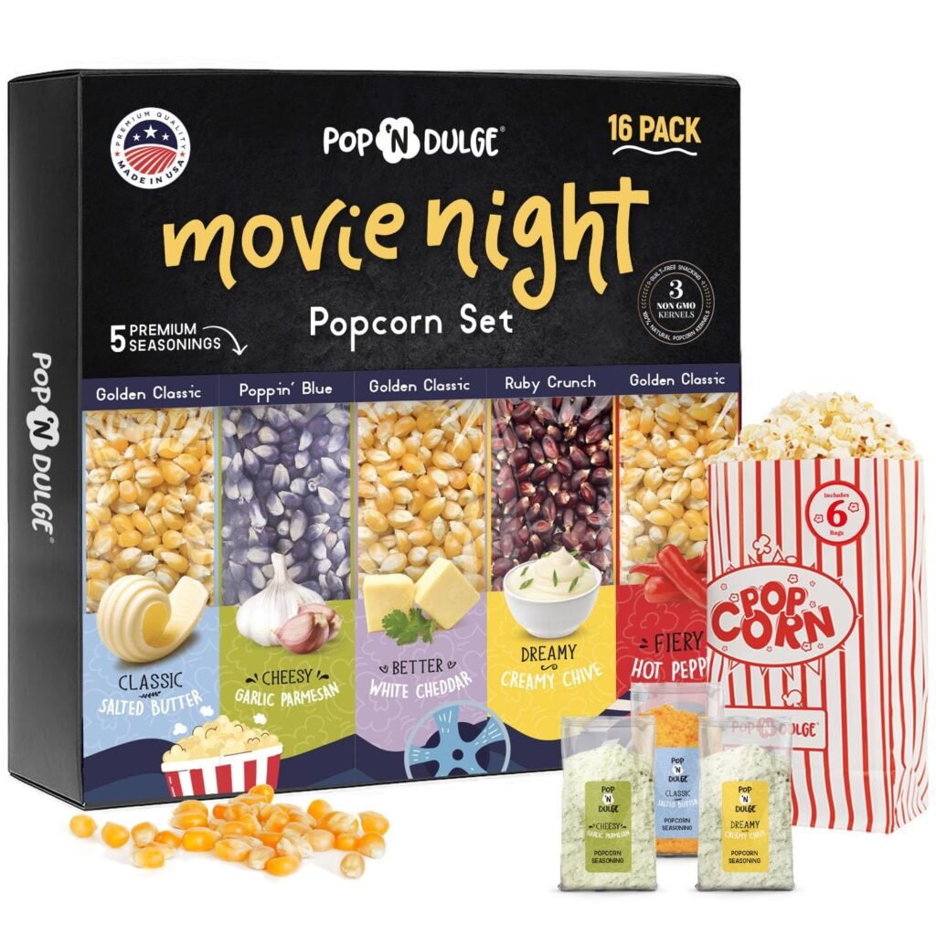 Pop n Dulge Popcorn Movie Night Supplies 16 pcs Gift Set, 5 Gourmet Popcorn Kernels, 5 Seasoning Variety Packs Non-GMO Kosher Snacks, Great Housewarming Family Date Night Gifts Basket Ideas For Him Her