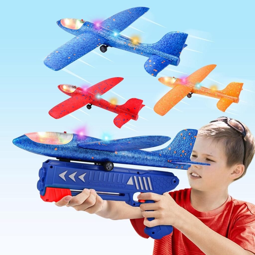 3 Pack Airplane Launcher Toy, 12.6 Foam Glider Led Plane, 2 Flight Mode Catapult Plane for Kids Outdoor Sport Flying Toys Gifts for 3 4 5 6 7 8 9 10 12 Year Old Boys Girls