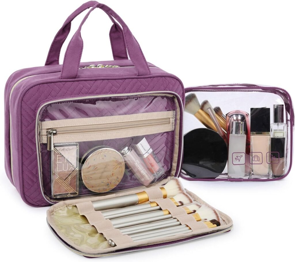 BAGSMART Toiletry Bag Hanging Travel Makeup Organizer with TSA Approved Transparent Cosmetic Bag Makeup Bag for Full Sized Toiletries, Large-Pink