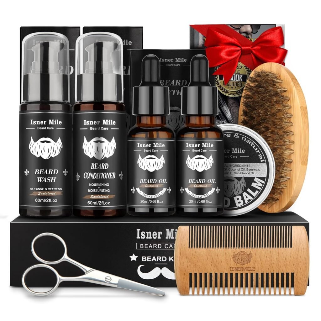 Beard Kit for Men Grooming  Care with 2 Pack Beard Oils - Balm - Wash  Conditioner for After Shave Lotions Sandalwood, Brush and Comb Sets with Scissors, Valentines Fathers Gifts for Dad Men Him