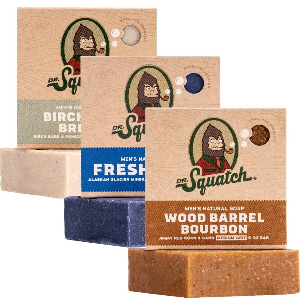 Dr. Squatch Natural Bar Soap for Men - Cold Process Soap with No Harsh Chemicals - Wood Barrel Bourbon, Fresh Falls  Birchwood Breeze (5 oz, 3-Pack)