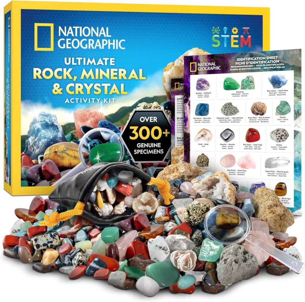 Rock Collection Box for Kids – 300+ Piece Gemstones and Crystals Set Includes Geodes and Real Crystals, Rocks and Minerals, Science Kit for Kids, A Geology Gift for Boys and Girls