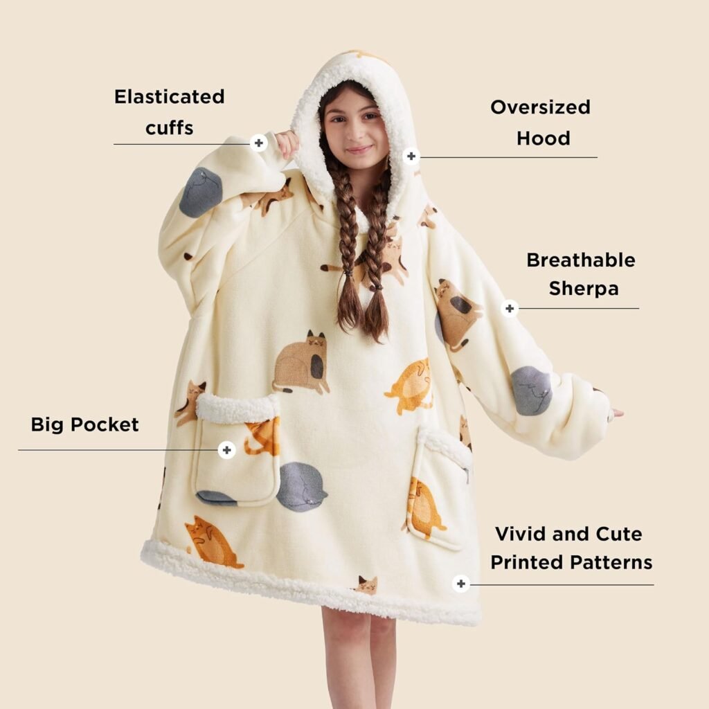 Bedsure Wearable Blanket Hoodie, Sherpa Hooded Blanket Printed for Adult  Kids as Gifts for Women, Mom Gifts Sherpa Hoodie, Standard, Cat, Light Beige