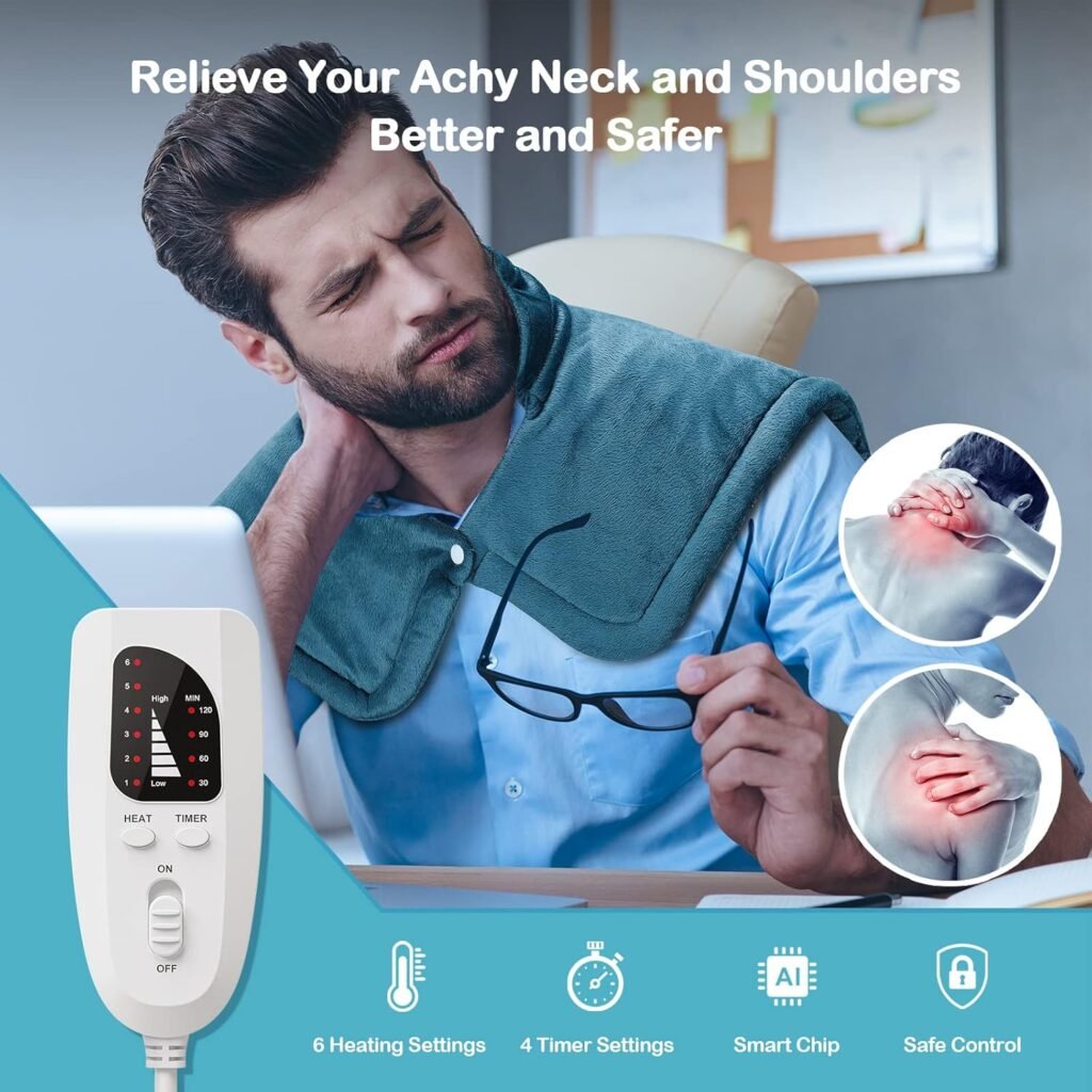 NIUONSIX Heating Pad for Neck and Shoulders, Fathers Day Gifts for Dad, Weighted Electric Heat Wrap for Back Pain Relief 6 Heat Settings 4 Timers 2h Auto Off, Birthday Gifts for Women Mom Wife, Blue