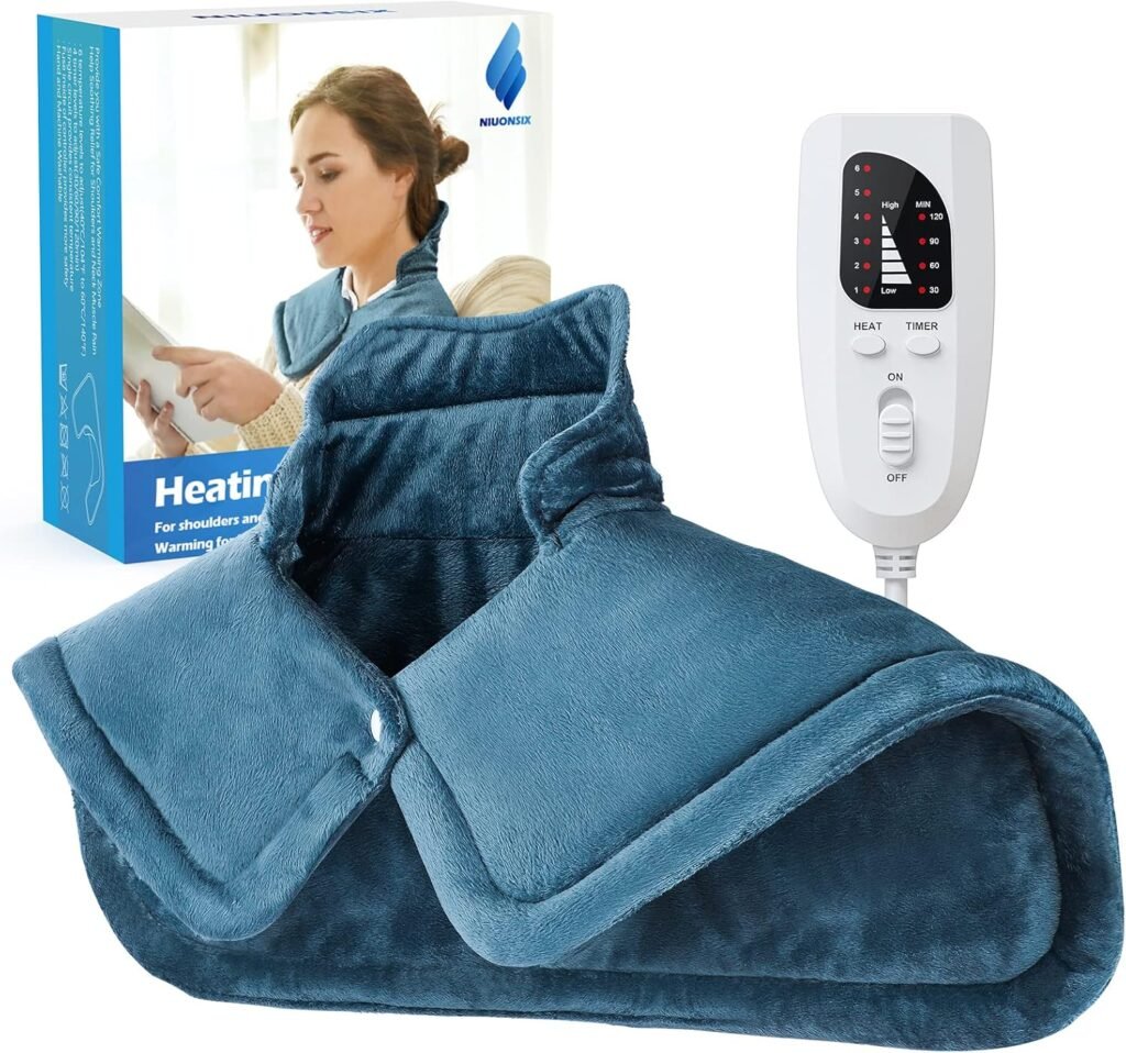 NIUONSIX Heating Pad for Neck and Shoulders, Fathers Day Gifts for Dad, Weighted Electric Heat Wrap for Back Pain Relief 6 Heat Settings 4 Timers 2h Auto Off, Birthday Gifts for Women Mom Wife, Blue