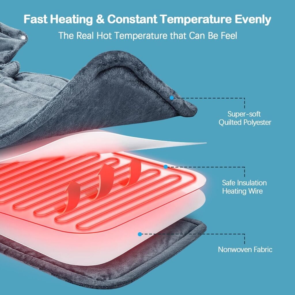 NIUONSIX Heating Pad for Neck and Shoulders, Fathers Day Gifts for Dad, Weighted Electric Heat Wrap for Back Pain Relief 6 Heat Settings 4 Timers 2h Auto Off, Birthday Gifts for Women Mom Wife, Blue