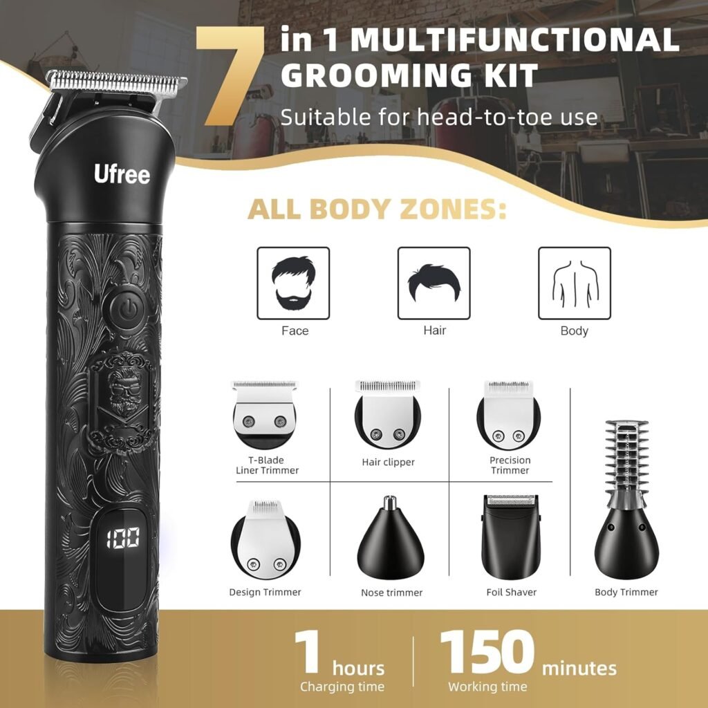 Ufree Beard Trimmer for Men, Electric Razor Shavers, Cordless Hair Clippers, Shaving Kit for Mustache, Body, Nose, Ear and Face,7 in 1 Beard Grooming Kit, Birthday Gifts for Men Father Dad