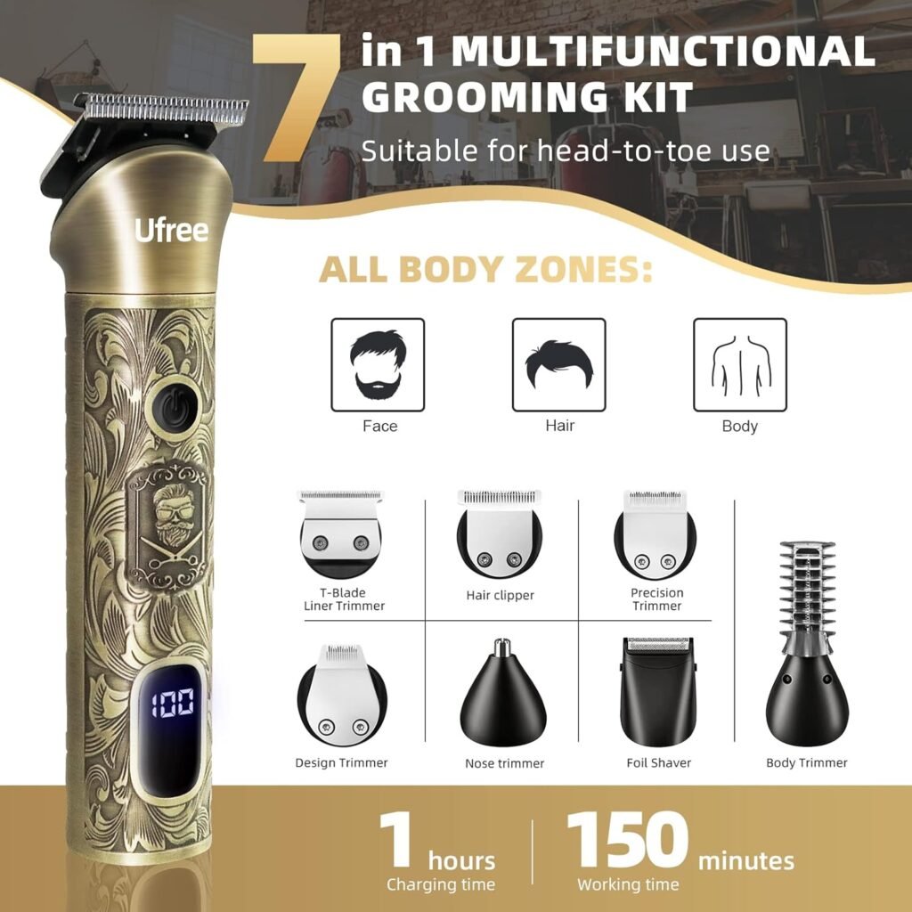 Ufree Beard Trimmer for Men, Electric Razor Shavers, Cordless Hair Clippers, Shaving Kit for Mustache, Body, Nose, Ear and Face,7 in 1 Beard Grooming Kit, Birthday Gifts for Men Father Dad